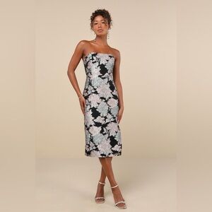 LULU’S UPGRADED EVENT JACQUARD STRAPLESS BUSTIER  MIDI DRESS